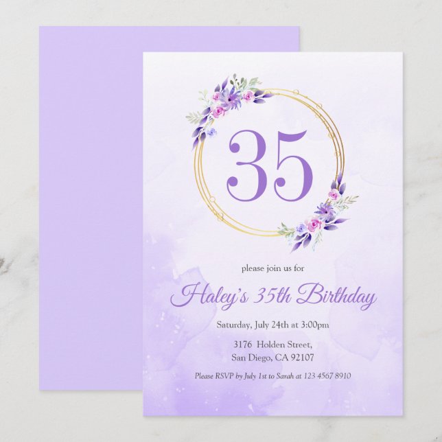 Invitation Pastel Purple Floral Golden Wreath 35e anniversair (Devant / Derrière)