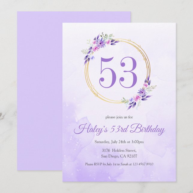 Invitation Pastel Purple Floral Golden Wreath 53e anniversair (Devant / Derrière)