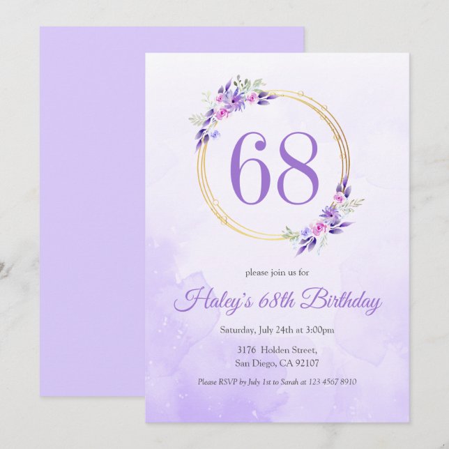 Invitation Pastel Purple Floral Golden Wreath 68e anniversair (Devant / Derrière)