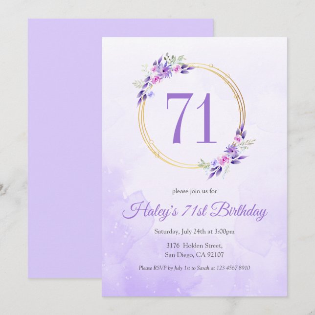 Invitation Pastel Purple Floral Golden Wreath 71e anniversair (Devant / Derrière)