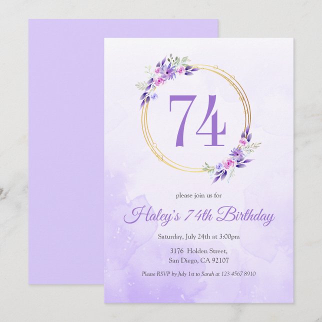Invitation Pastel Purple Floral Golden Wreath 74e anniversair (Devant / Derrière)