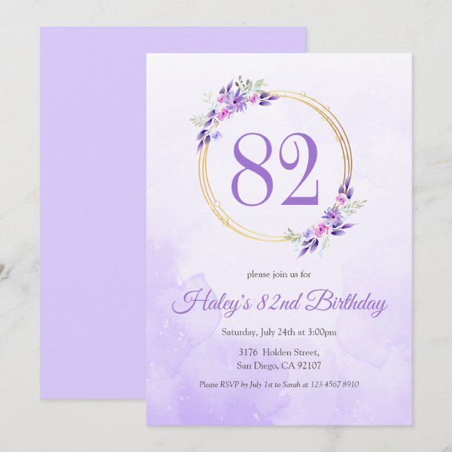 Invitation Pastel Purple Floral Golden Wreath 82e anniversair (Devant / Derrière)