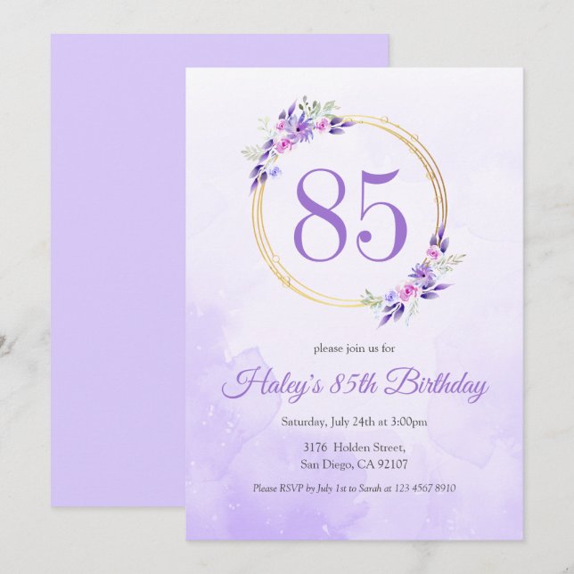 Invitation Pastel Purple Floral Golden Wreath 85e anniversair (Devant / Derrière)