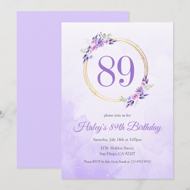 Invitation Pastel Purple Floral Golden Wreath 89e anniversair (Devant / Derrière)