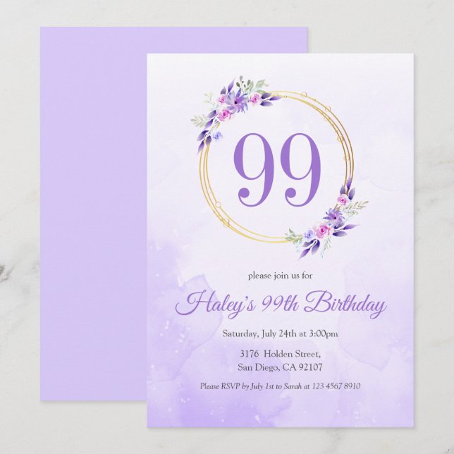 Invitation Pastel Purple Floral Golden Wreath 99e anniversair (Devant / Derrière)