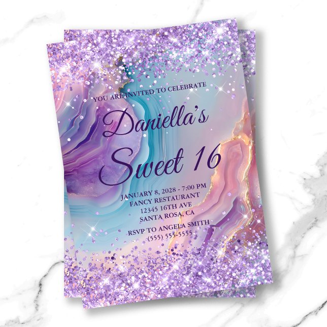 Invitation Pastel Purple Glittery Blue Rose Agate Sweet 16 (Pastel Purple Glittery Blue Pink Agate Sweet 16 Invitation)