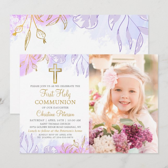 Invitation Pastel Purple Gold Floral First Communal Photo (Devant / Derrière)