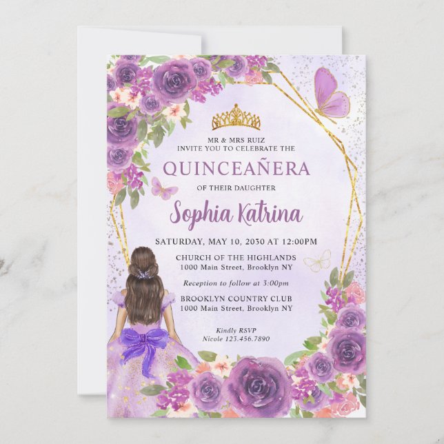 Invitation Pastel Purple Gold Floral Princess Quinceañera (Devant)