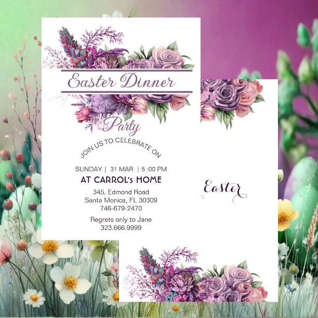 Invitation Pastel Purple Lilac Flora Rose Dîner de Pâques (Pastel Purple Lilac Flora Rose Easter Dinner Party Invitation)