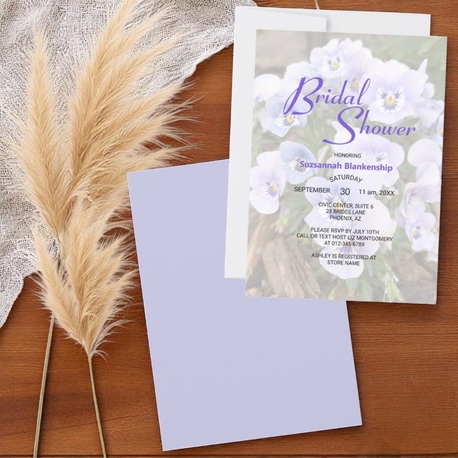 Invitation Pastel Purple Pansies Photo Fête des mariées Modèl (front template text back solid color bridal shower invitation)