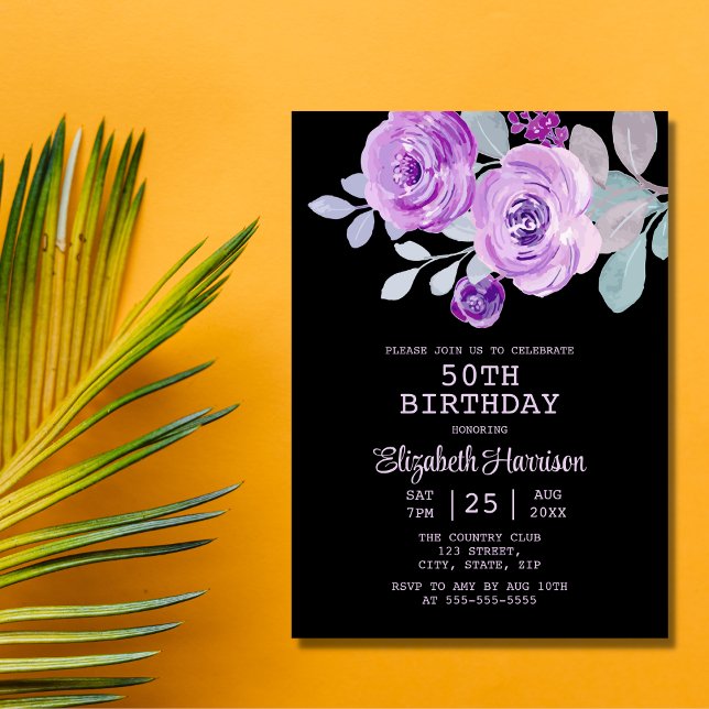 Invitation Pastel Purple Rose Floral Black 50e anniversaire (Créateur téléchargé)