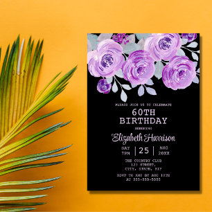 Invitation Pastel Purple Rose Floral Black 60e anniversaire