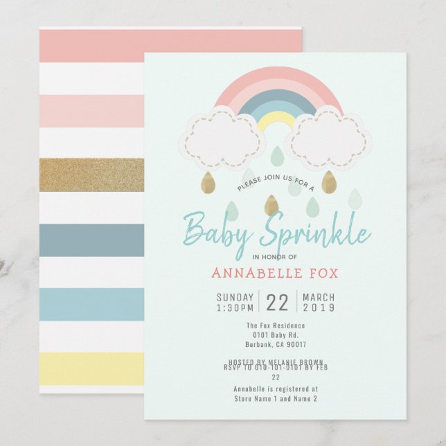 Invitation Pastel Rainbow Baby Sprinkle Douche (Devant / Derrière)