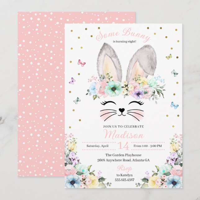 Invitation Pastel Rainbow Bunny Oars Fleur Couronne Anniversa (Devant / Derrière)
