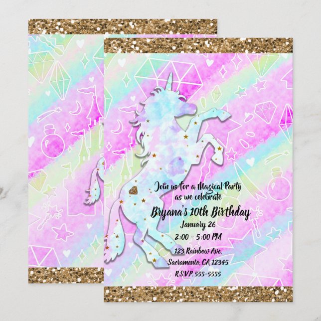 Invitation Pastel Rainbow Diamonds & Stars Magique Unicorn (Devant / Derrière)
