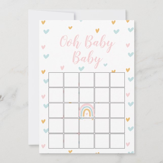 Invitation Pastel Rainbow et Hearts Baby shower Bingo Card (Devant)