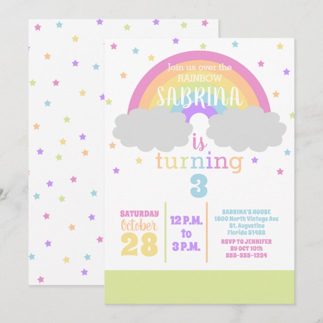 Invitation Pastel Rainbow et Stars Anniversaire Fête Invitati (Devant / Derrière)