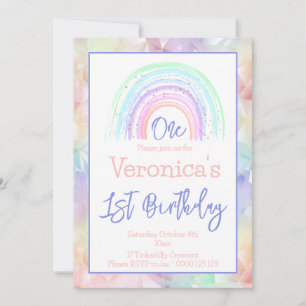 Invitation Pastel Rainbow Girl 1er anniversaire Frontière géo