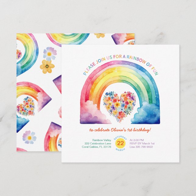 Invitation Pastel Rainbow Girl Anniversaire avec nuages (Devant / Derrière)