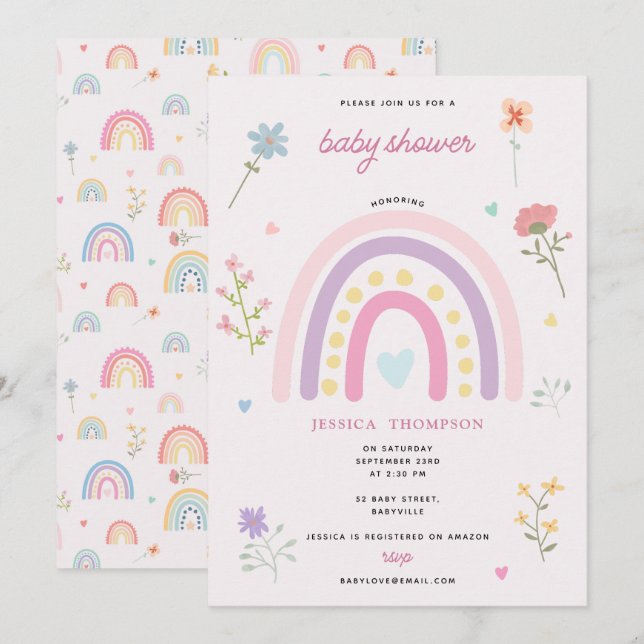 Invitation Pastel Rainbow Girl Fleur sauvage Hearts Baby show (Devant / Derrière)