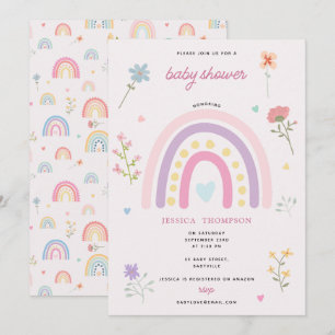 Invitation Pastel Rainbow Girl Fleur sauvage Hearts Baby show