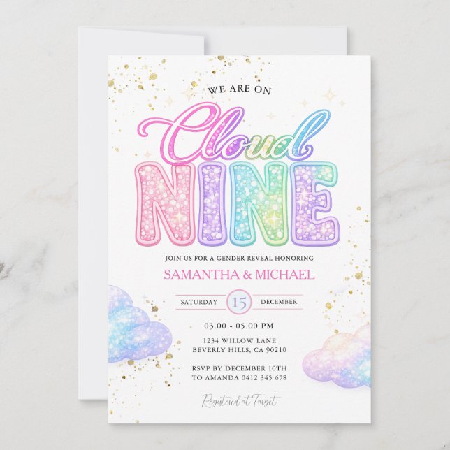 Invitation Pastel Rainbow Glitter Lettering Gender Reveal  (Devant)