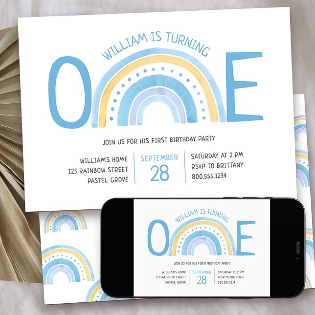 Invitation Pastel Rainbow One Boys 1er Anniversaire (Rainbow One boys 1st birthday invitation)