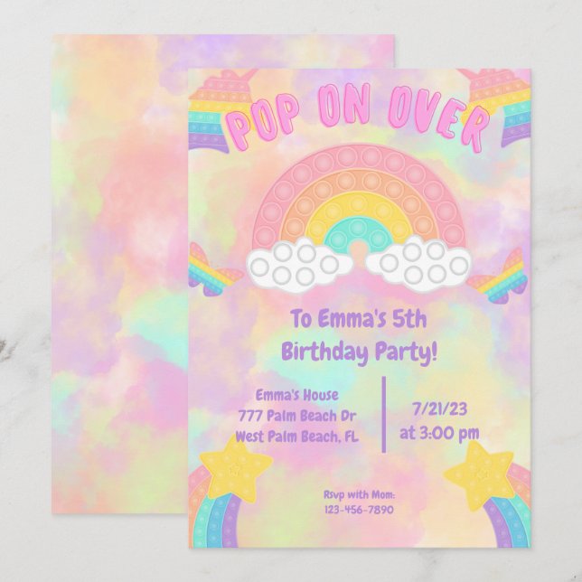 Invitation Pastel Rainbow Pop sur Pop it Girls Anniversaire (Devant / Derrière)