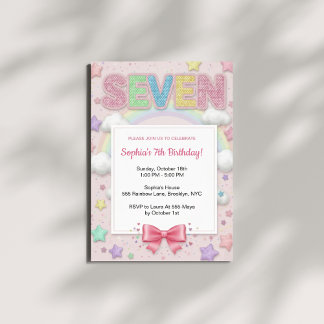 Invitation Pastel Rainbow Sequin Glitter Girl 7th Birthday
