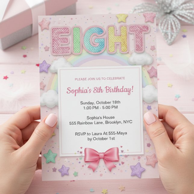Invitation Pastel Rainbow Sequin Glitter Girl 8th Birthday (Créateur téléchargé)