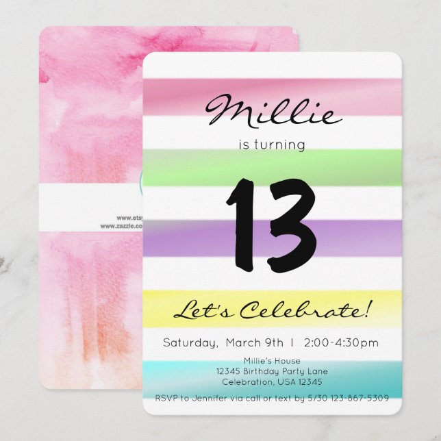 Invitation Pastel Rainbow Stripes Fille Anniversaire (Devant / Derrière)