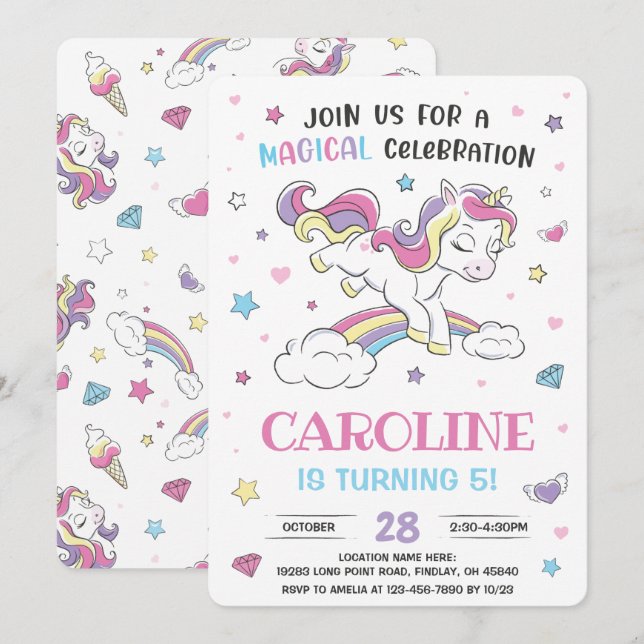 Invitation Pastel Rainbow Unicorn fête d'anniversaire, n'impo (Devant / Derrière)