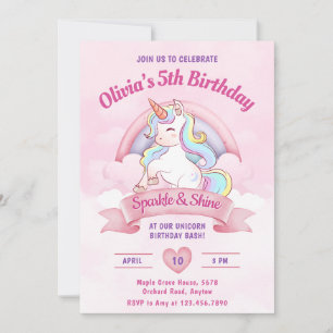 Invitation Pastel Rainbow Unicorn Magique fête d'anniversaire