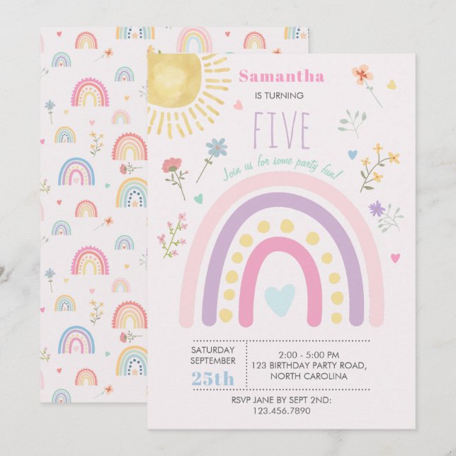 Invitation Pastel Rainbows Coeurs Fleur sauvage filles Annive (Devant / Derrière)
