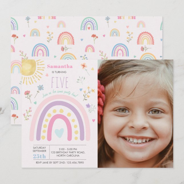 Invitation Pastel Rainbows Girl Fleur sauvage photo d'anniver (Devant / Derrière)