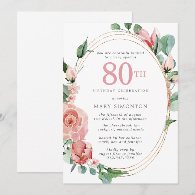 Invitation Pastel Red Rose Floral 80e fête d'anniversaire (Devant / Derrière)
