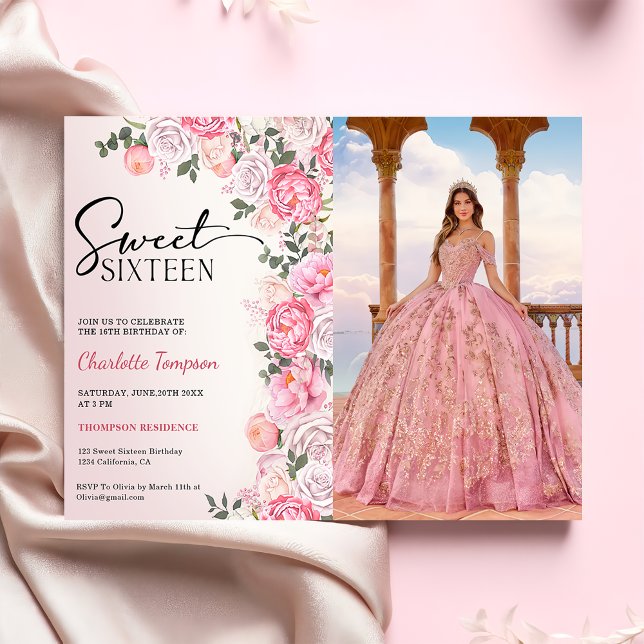 Invitation Pastel romantique Roses Floral Sweet 16 Photo (Créateur téléchargé)