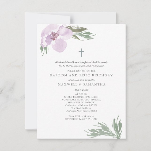 Invitation Pastel Rose Aquarelle Florals Twins Baptême (Devant)