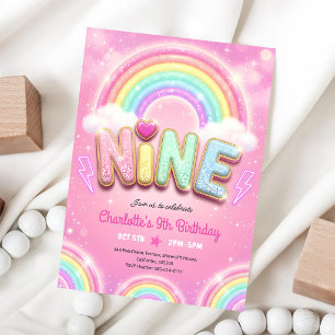 Invitation Pastel Rose Arc-en-Ciel Étincelle 9e Anniversaire