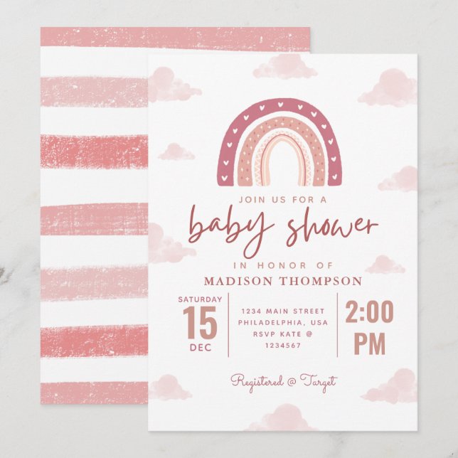 Invitation Pastel rose arc-en-ciel nuages filles Baby shower  (Devant / Derrière)