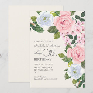 Invitation Pastel rose blanc floral femme 40e anniversaire