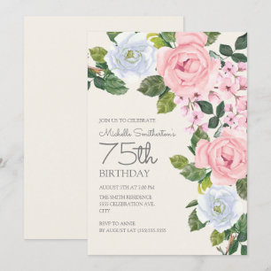 Invitation Pastel Rose Blanc Floral Femme 75e anniversaire