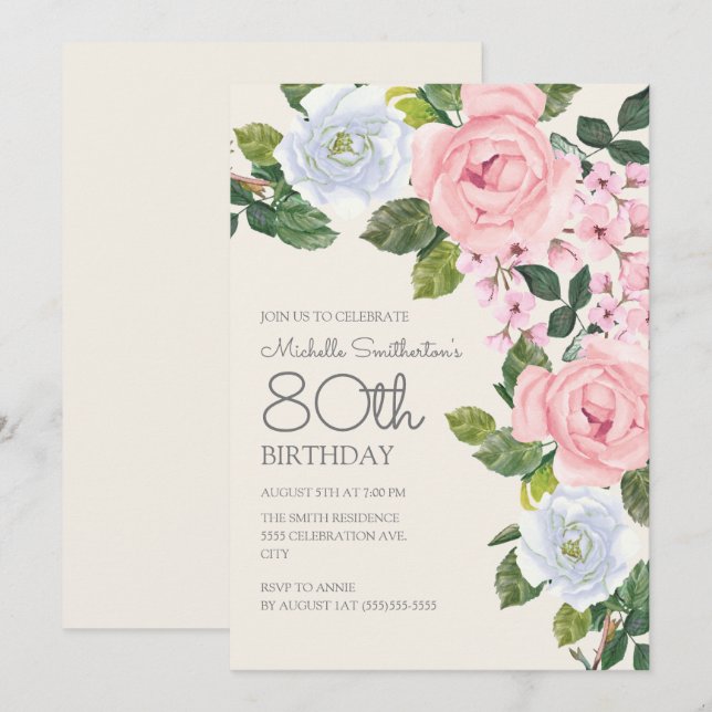 Invitation Pastel Rose Blanc Floral Femme 80e anniversaire (Devant / Derrière)