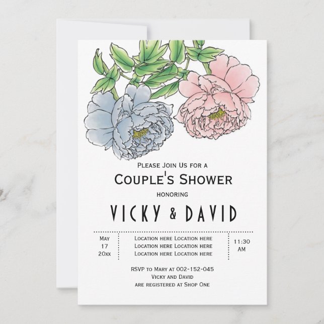 Invitation Pastel rose & bleu pivoines mariage couples douche (Devant)