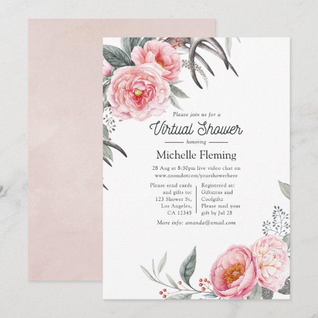 Invitation Pastel rose et gris Boho Floral Douche virtuelle (Devant / Derrière)