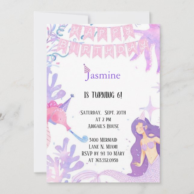 Invitation pastel rose et violet pastel sirène anniversaire (Devant)