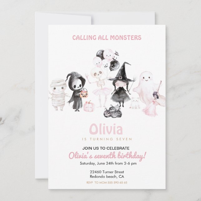 Invitation Pastel rose fille halloween anniversaire (Devant)
