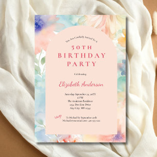 Invitation Pastel Rose Floral Arc Moderne 50e Anniversaire El