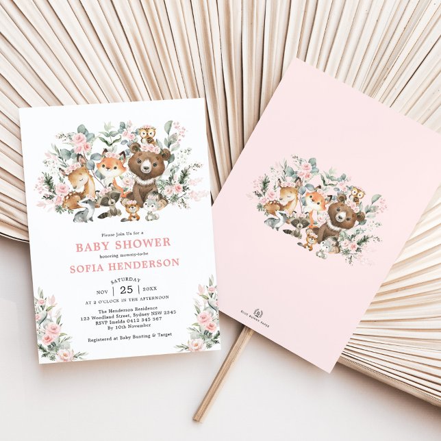 Invitation Pastel Rose Floral Baby shower Animaux (Créateur téléchargé)