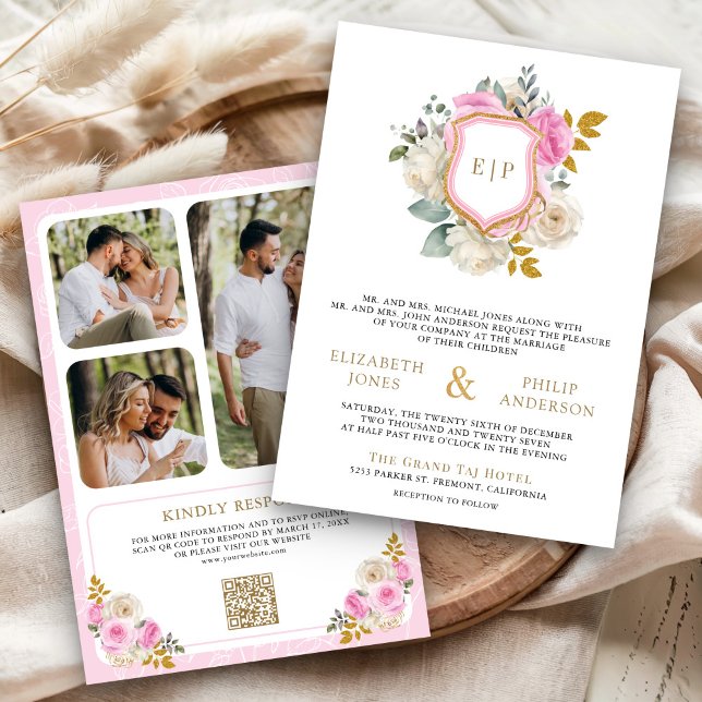 Invitation Pastel Rose Floral QR Code Photo Crest Mariage (Créateur téléchargé)